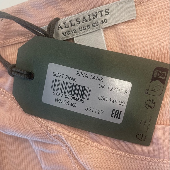 All Saints Rina Ribbed Tank Top Soft Pink 8 - Picture 7 of 8